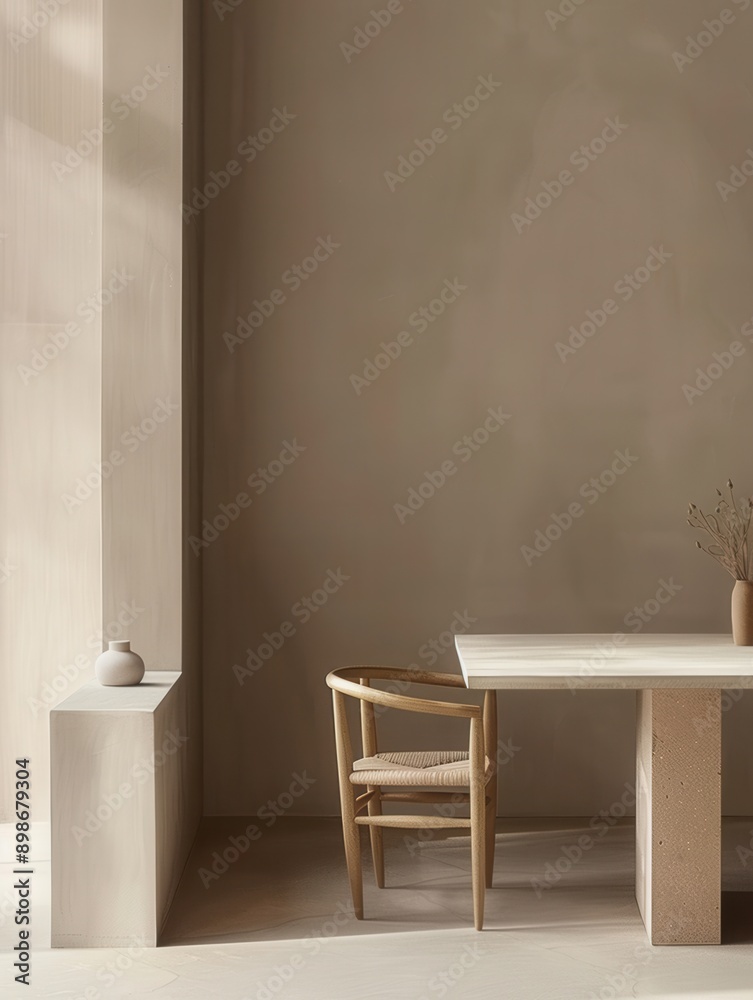Poster a single wooden chair sits beside a rectangular table with a white top and a beige base, in a room w