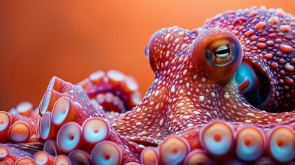Giant pacific octopus changes skin color underwater, showcasing vibrant patterns and textures. The close up shot captures the beauty of marine life with vivid colors and captivating details
