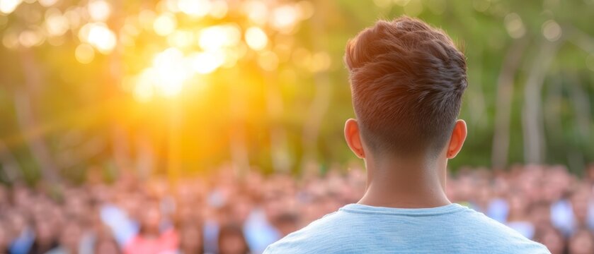  A boy's blurred backhead amidst a large crowd in a photograph