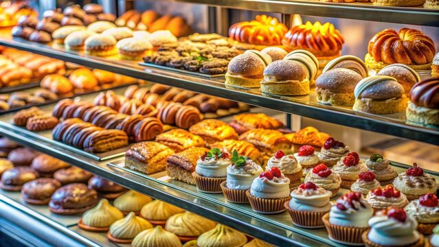 A Bakery Showcase Filled with Sweet Delights, Pastry , Bakery, Showcase, Cakes