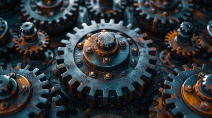 Close up view of industrial gears forming a complex mechanism, showcasing their intricate design and metallic texture