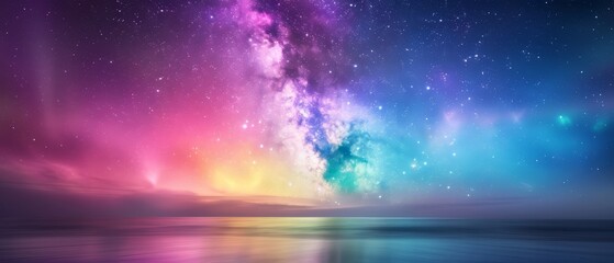  A vibrant, star-studded sky hovers over a serene body of water, with the waterline distinguishing the foreground from the background