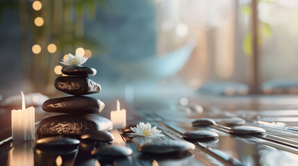 Zen Stone Stack with Lotus and Candlelight - Peaceful Spa Environment for Relaxation and Mindfulness