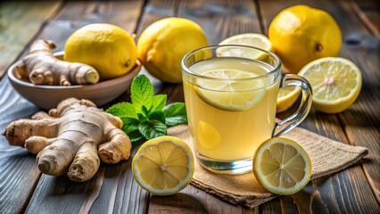 Fototapeta premium A Glass of Homemade Ginger Lemon Tea on Wooden Table, Close Up, Food Photography, Drink, Ginger Lemon Tea, Lemon, Ginger