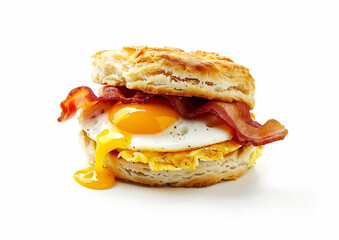 Sandwich with bacon and cheese with egg and biscuit for breakfast on white background.Macro.AI Generative.