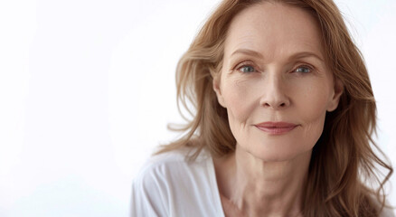 Naklejka premium Portrait of attractive natural beautiful mature woman portrait with perfect skin for her age.Macro.AI Generative.