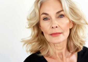 Portrait of attractive natural beautiful mature woman portrait with perfect skin for her age.Macro.AI Generative.