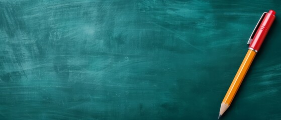  A red pen atop a blackboard Nearby, a green chalkboard holds white-written texts