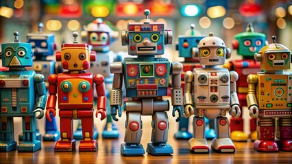 A Row of Vintage Robots Ready for Action, Close Up, Front View, Toy Robots, Robotics, Vintage Toys, Retro