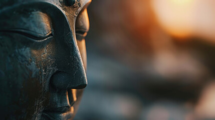 Buddha Statue Close-Up with Serene Expression at Sunset