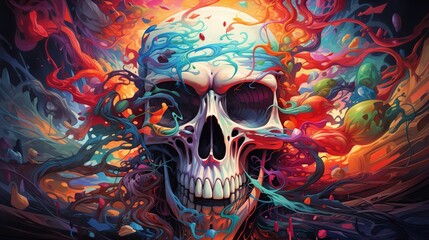 A surreal drawing of a skull emerging from a sea of colorful, abstract shapes and patterns, blending reality with fantasy.