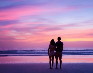 Silhouette of an old couple on the beach staring at the dreamy pastel violet pink colorful sky of sunset or sunrise