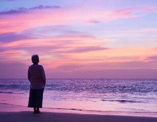 Fototapeta premium Silhouette of an old woman on the beach staring at the dreamy pastel violet pink colorful sky of sunset or sunrise