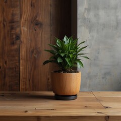 There is a wooden table with a potted plant on it