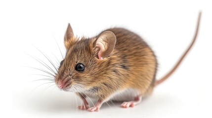 House mouse Mus Musculus with raised tail facing away on white background