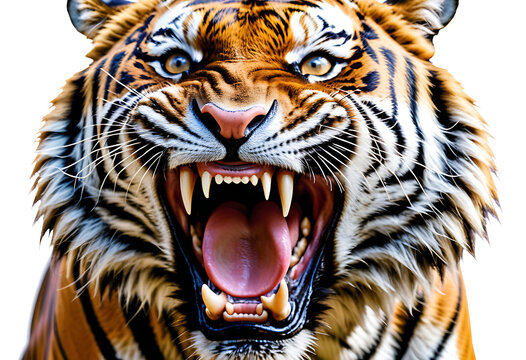 aggressive tiger baring fangs isolated white background high resolution high details vibrant