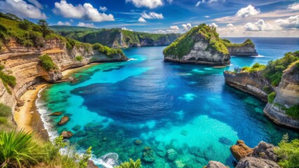 Obraz premium Aerial View of Crystal Clear Water Surrounded by Lush Green Cliffs in Bali, Indonesia, tropical beach, exotic location, paradise , island