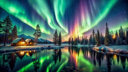 Obraz premium Aurora Borealis Reflecting on a Tranquil Lake with Cozy Cabins, Aurora Borealis, Northern Lights, Landscape, Nature