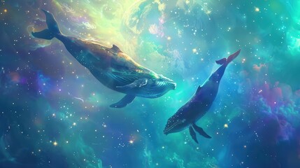 Fototapeta premium Two majestic whales swimming in a fantastical cosmic ocean with vibrant colors and stars. Concept of harmony between nature and the universe.
