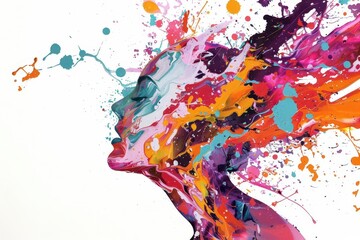 Fototapeta premium abstract portrait of a joyful woman composed of vibrant paint splatters and fluid shapes energetic colors represent positive emotions and mental wellbeing against a clean white backdrop