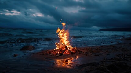 Burning campfire on the beach on my kayak camping trip