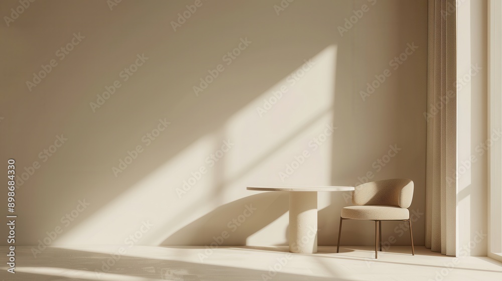 Poster A modern, minimalistic interior design featuring a beige chair and a white table in a room with large windows that let in natural light. Generative AI