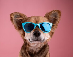 cute funny dog dog in blue sunglasses on pink background; cool dogs; fashion portrait; copyspace