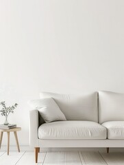 A white sofa with wooden legs sits in a modern living room, a small side table with a vase of greenery beside it. Generative AI