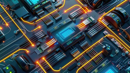 Fiber network flat design top view theme telecommunications 3D render Triadic Color Scheme