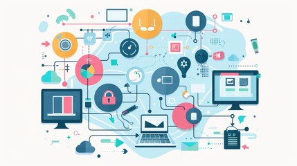 Network flat design top view theme information technology water color vivid