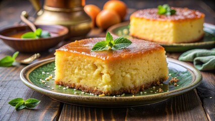 Close-up of a Single Slice of Honey Cake with Mint Garnish on a Green Plate, dessert , honey cake , mint , cake