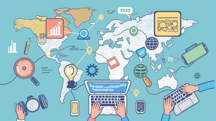 International communication flat design top view theme modern technology cartoon drawing colored pastel