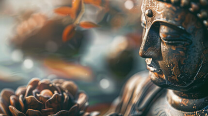 Obraz premium Close-up of detailed buddha statue face in focus with gentle bokeh and warm light