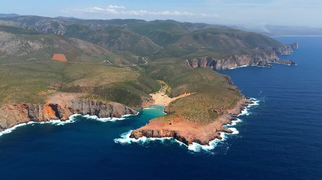 Aerial view on Cala Domestica Beach and landscape around. Sardinia, Italy