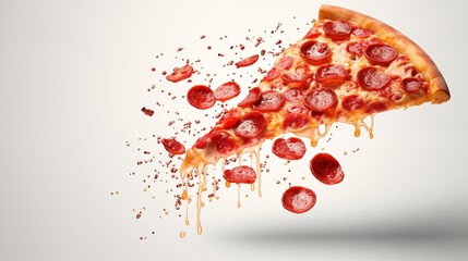 Template with delicious tasty slice of pepperoni pizza flying on white background.