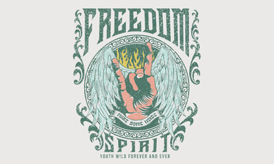 Rock and roll with wing logo artwork for t-shirt and others. Freedom spirit music artwork.
