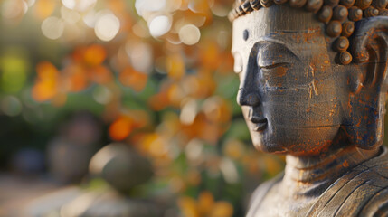 Buddha statue in meditation Close-up head details with bokeh background in warm golden light