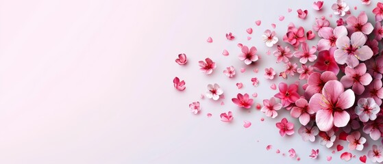  A backdrop of light blue, subtly dotted with pink, featuring a cluster of vibrant pink blooms, plus text or visual element space