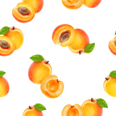 Pattern of apricots with leaves on white. Ideal for fabric, food, and summer designs