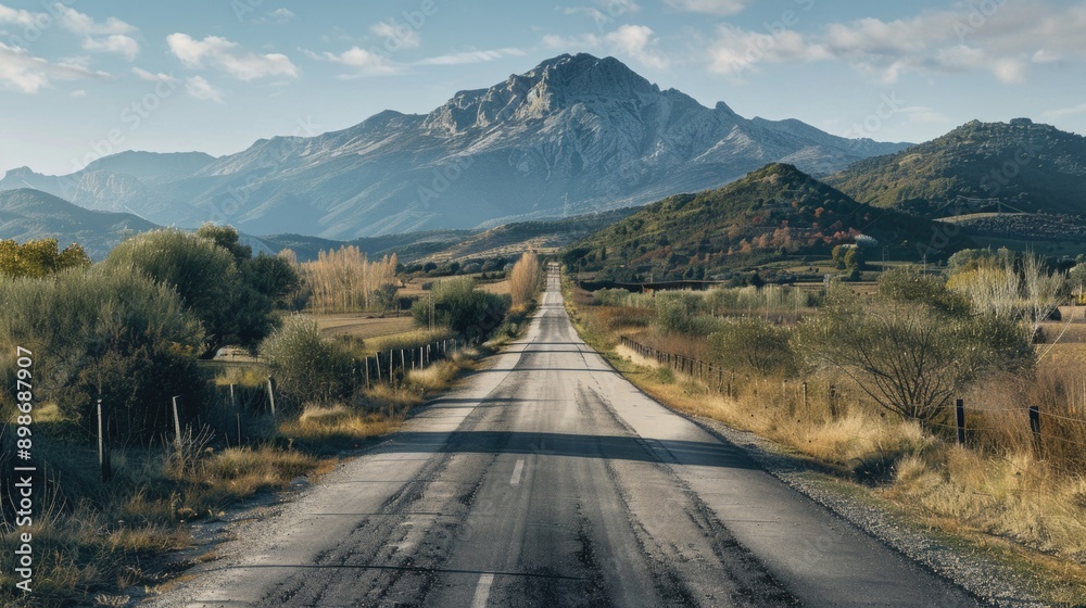 Poster a scenic view of a winding mountain road with a distant mountain range in the background