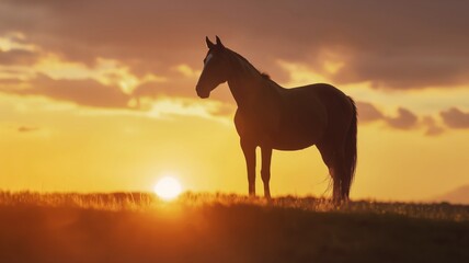 Majestic Stallion at Sunset, Wild Horse in Golden Hour, Freedom and Tranquility in Nature, Equine Beauty on Pasture, Animal Photography for Stock Usage