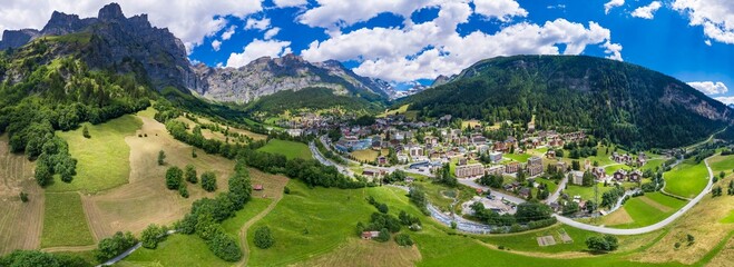 Switzerland scenery and best tourist destination in Valais canton. Beautiful Leukerbad village and thermal resort, popular for summer and winter activities. high angle panoramic view of the town