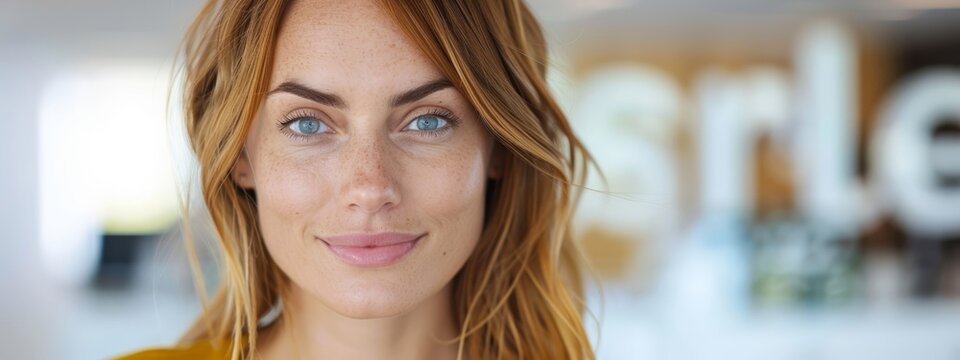  A tight shot of a woman's face against a softly blurred backdrop, with an indistinct wall behind her