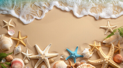 Naklejka premium sand and sea photorealistic top view starfish on sand with copy spacec4