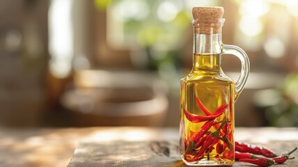 Close-up of Spicy Chili Pepper Infused Oil Bottle on Wooden Table with Blurred Background, Rustic Food Photography Scene