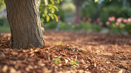 Obraz premium Close-up of brown wood chips mulch texture background with copy space for text. Organic gardening and landscaping concept, nature-friendly ground cover