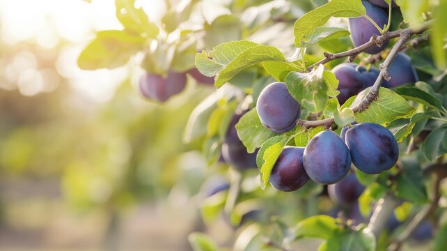 Vibrant purple plums on tree branch in lush orchard under warm sun rays, creating a picturesque scene of natural abundance.