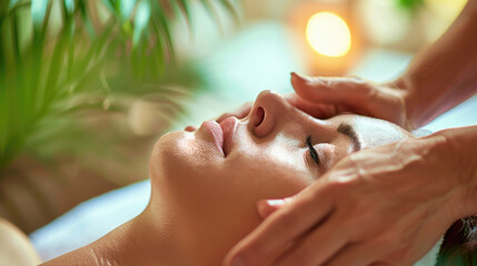 woman receiving a face massage session closeup in spa center with bokeh background