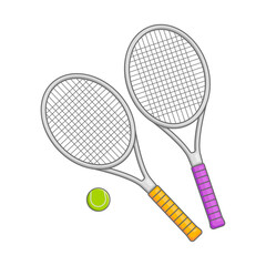 Silver badminton rackets. Tennis racket with ball.