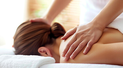 close up of hands making massage session in spa wellness center salon with bokeh background